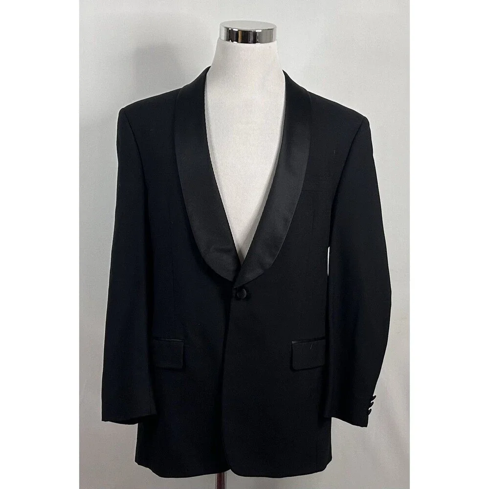 Jos A Bank 42L Tuxedo Jacket Shawl Collar One Button Black 100% Wool Vented - Picture 2 of 8